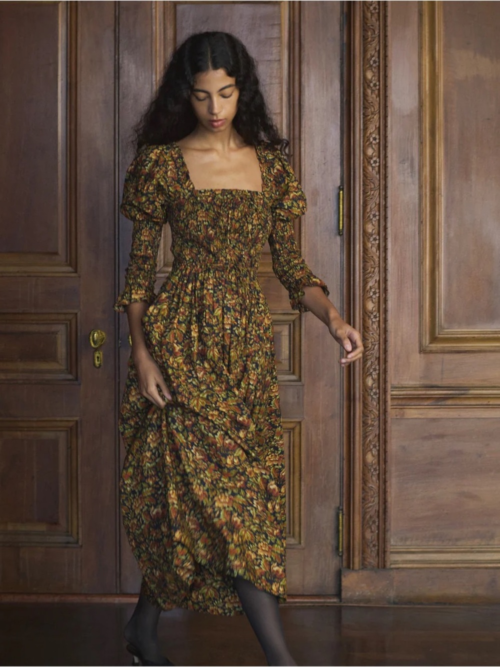 Floral Smocked Midi Dress in Autumn Multi